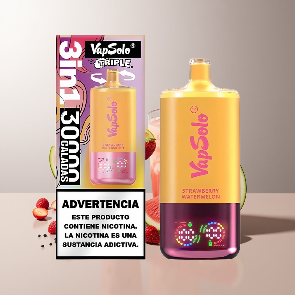 Vapsolo Triple 30000 Pūkų Vaisių Kombinacija: Braškė Arbūzas & Citrina Persikas 40ml Type-C