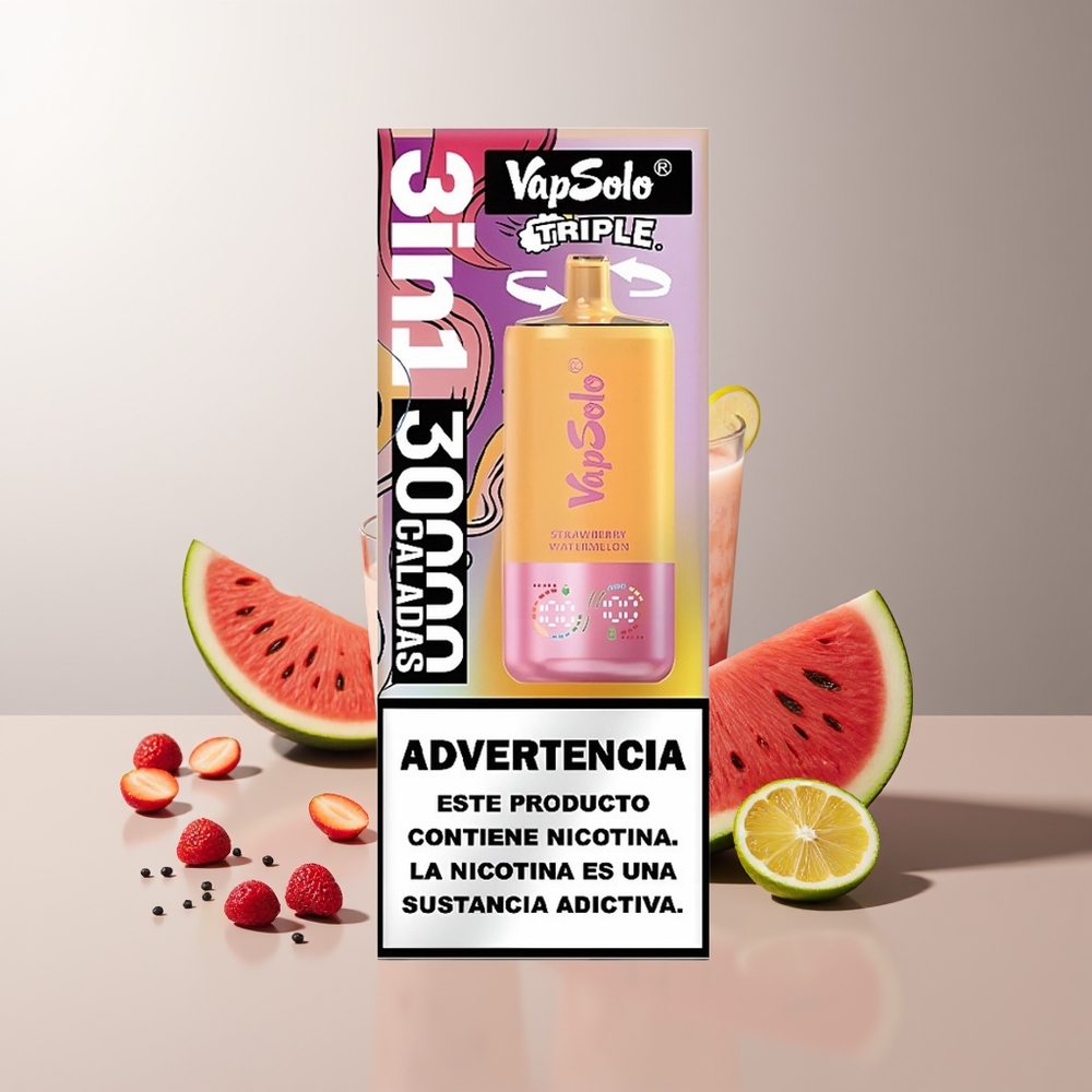 Vapsolo Triple 30000 Pūkų Vaisių Kombinacija: Braškė Arbūzas & Citrina Persikas 40ml Type-C