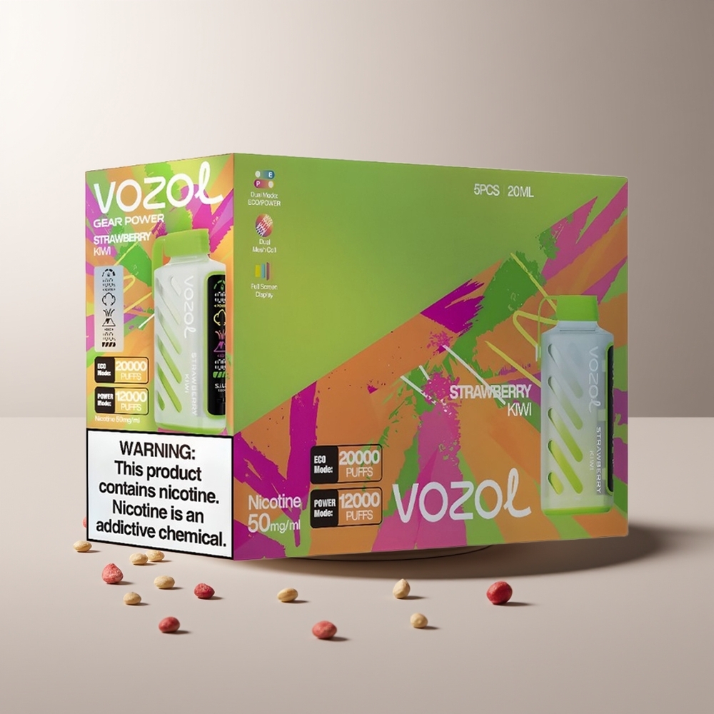 VOZOL Gear Power 20000 Pūkų Braškė Kiwi Dual Mesh Coil Full Screen Display 20mL
